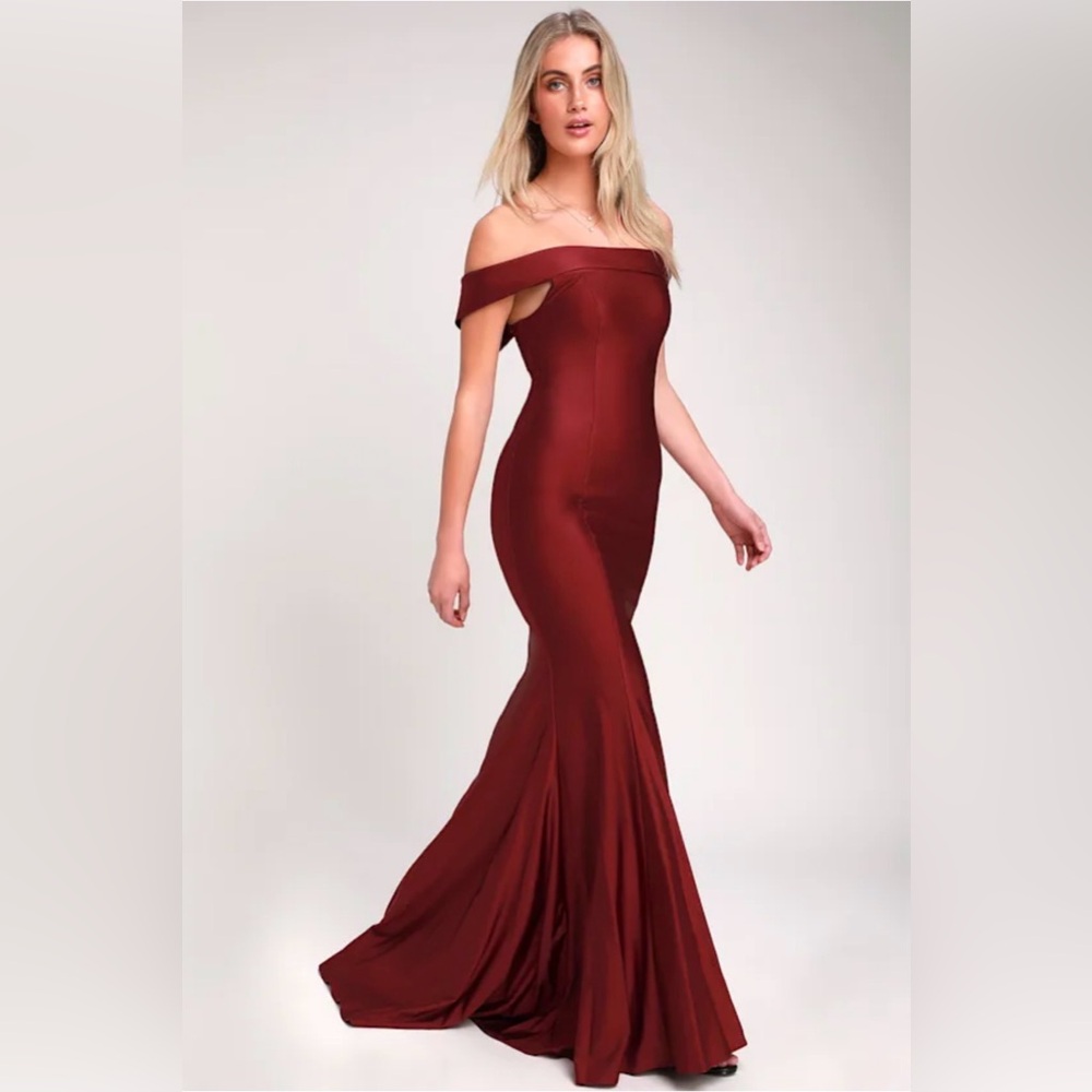 Lulu's So Enchanted Burgundy Off-the-Shoulder Maxi Dress Gown